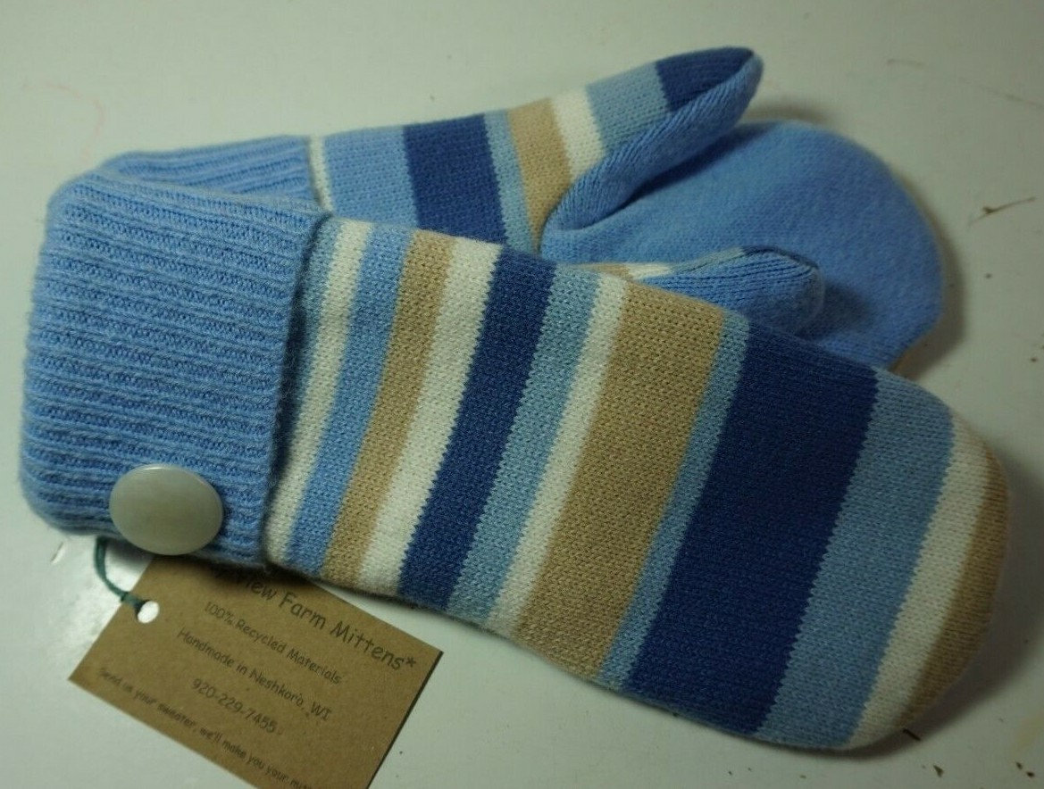 Valley View Farms Blue Stripe Recycled Sweater Mittens Fleece Lined Tan  White