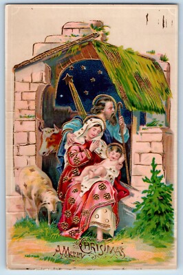 Christmas Postcard Religious And Lamb Gel Gold Gilt Embossed 1909 Antique