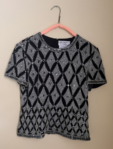 VTG Papell Boutique Evening Beaded Silk Shell Top Blouse Sleeveless Geometric M