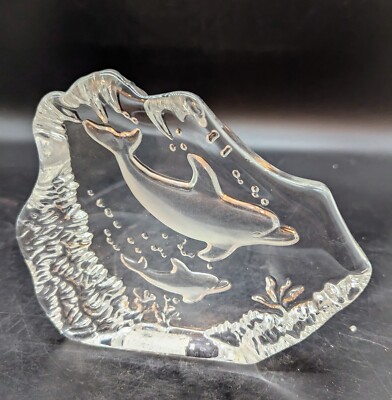 Vintage Mother and Baby Dolphin Art Glass Slab Paperweight Figurine 5.5''