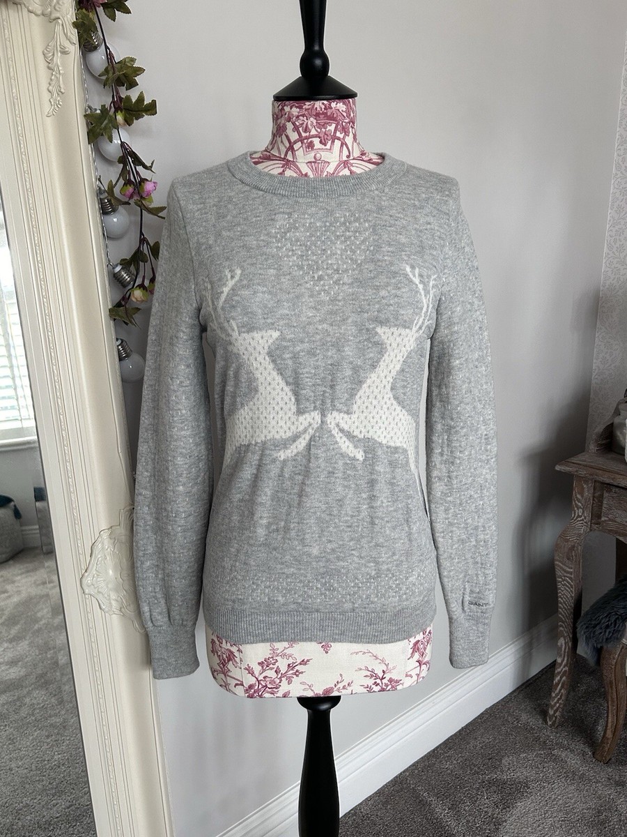 GANT Women's Grey White Reindeer Winter Christmas Pattern Jumper