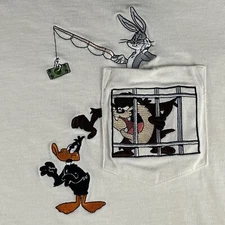 Looney Tunes Cartoon Pocket T Shirt Size ? Embroidered Bugs, Daffy, & Taz White