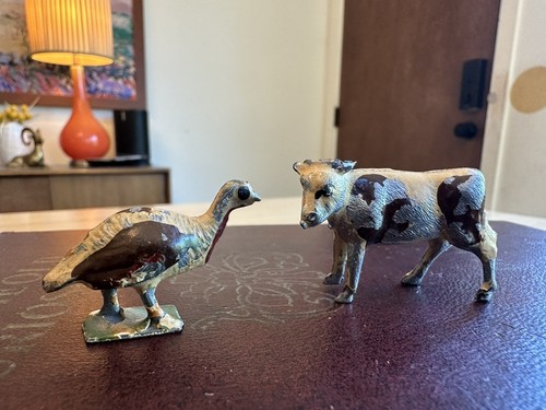 Vintage Lot of 2 Britain's Farm Lead Cast Metal Turkey Cow England Miniatures