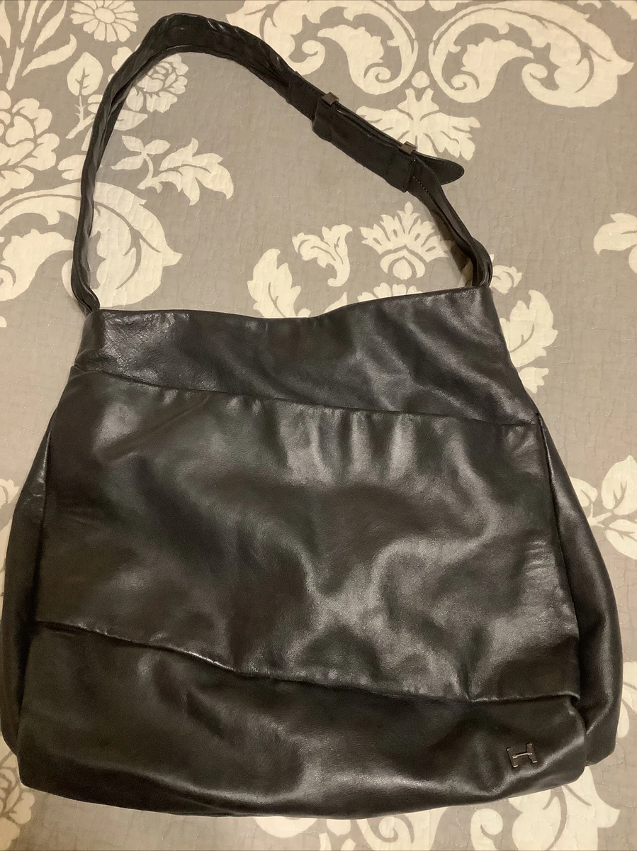 Halston Heritage Black Leather Hobo Shoulder Bag Exterior Pocket Buckle  Strap | eBay