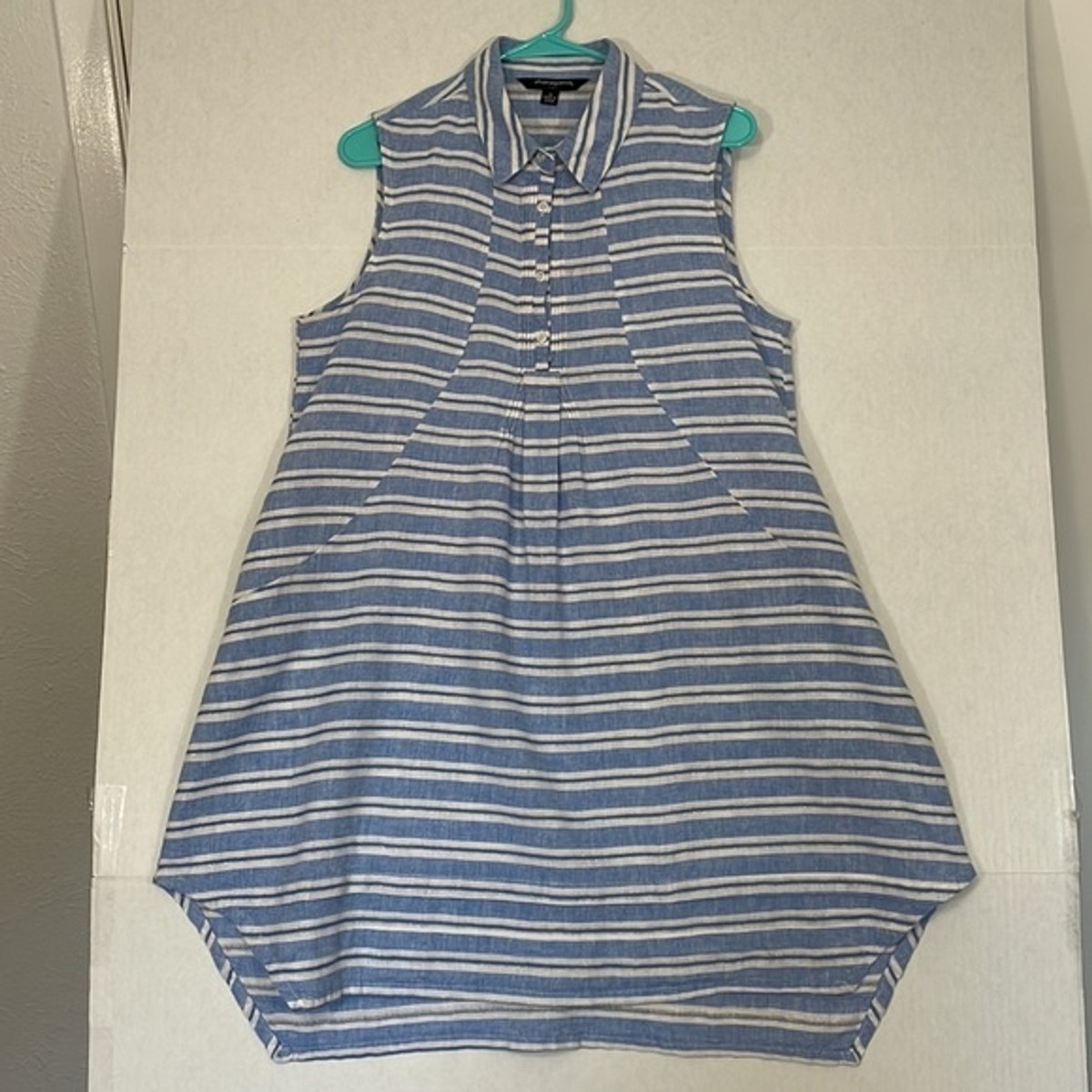 Sharagano Linen Blend Dress with Pockets, Sleeveless, Blue & White Stripe, 12 Sharagano Linen Blend Dress with Pockets, Sleeveless, Blue & White Stripe, 12
