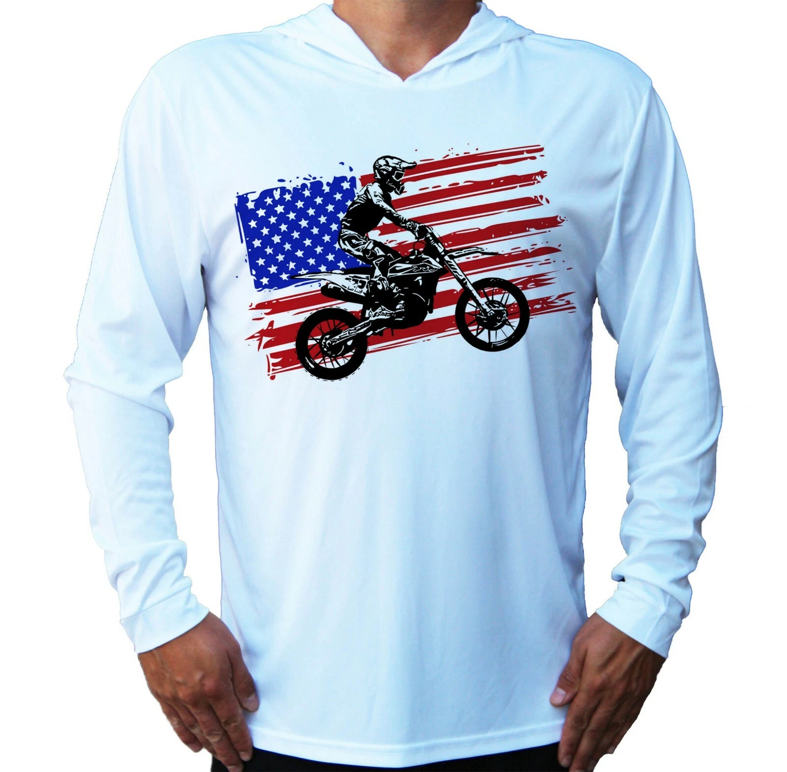 Motorcycle Dirt Bike UV Protected UPF 50 Long Sleeve Sport Hood American Flag