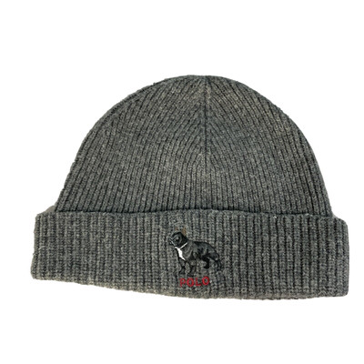 POLO RALPH LAUREN Gray Beanie Mens Grey BULLDOG Polo Ribbed KnitHat Rare Collect