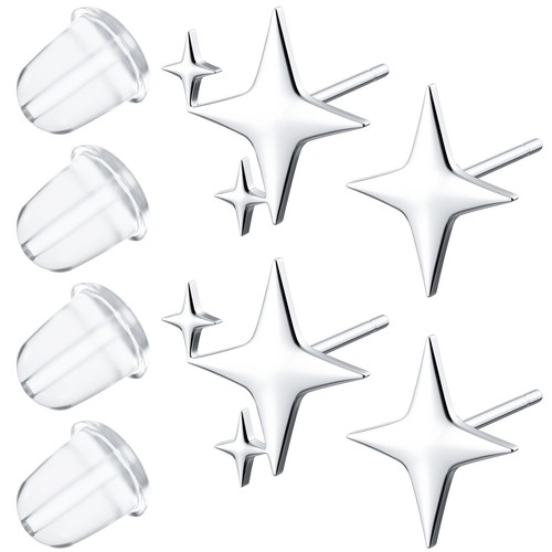 Silver Star Earrings Studs for Girls Women 4 pairs, Four-pointed Small Stars Sil