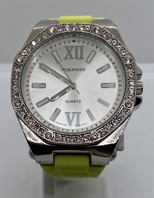 New MAURICES Ladies Watch Fresh Battery Large Iced Silver Case Green Strap