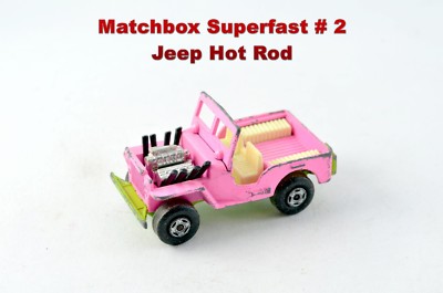 Matchbox Superfast; # 2; Jeep Hot Rod; 1972; Pink / Grün; Innenfarbe Creme