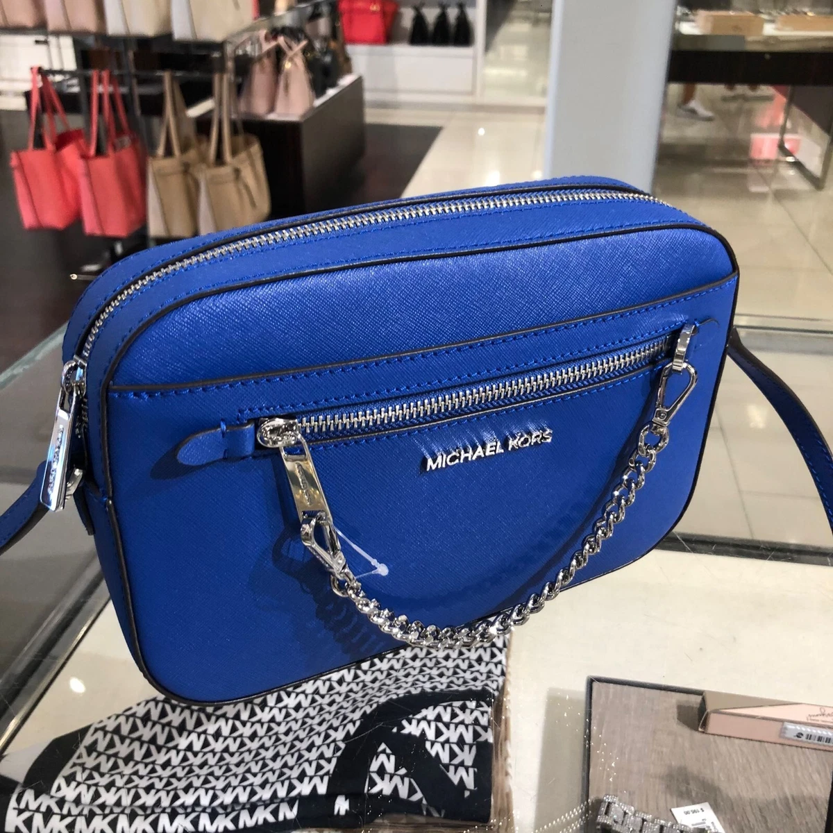 MICHAEL KORS WOMEN CROSSBODY BAG HANDBAG PURSE ELECTRIC BLUE + DOUBLE ZIP  WALLET