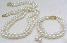 2 Rows White 8mm Akoya Cultured Shell Pearl Necklace Bracelet Earrings Set
