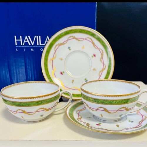 HAVILAND Vieux Paris Vert Pair set of Tea cup & Saucer Limoges Porcelain France - Picture 1 of 5