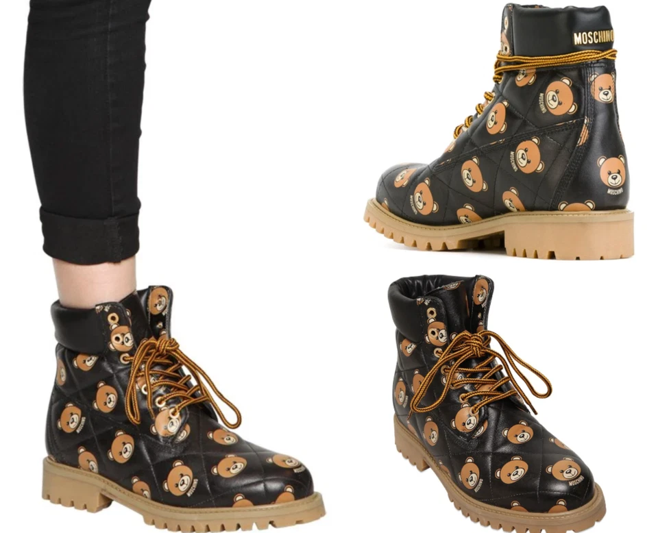 MOSCHINO TEDDY BEAR QUILTED COMBAT ANKLE HIKING BOOTS SCHUHE SHOES DEADSTOCK 35