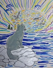 Impressionism Beach Original Painting – Cat, Birds, Ocean Sunset, 8x8, OOAK GAT