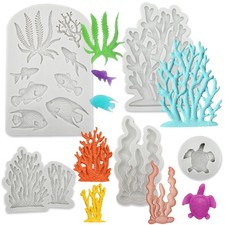 5 PCS Marine Theme Fondant Silicone Mold Seaweed Sea Fish Coral 5.7in, Gray