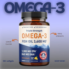 Triple Strength Omega-3 Fish Oil 3600mg 180ct High EPA  DHA Burpless Supplement