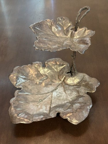 vintage two tier Leaf serving tray non magnetic metal (aluminum, or brass?)