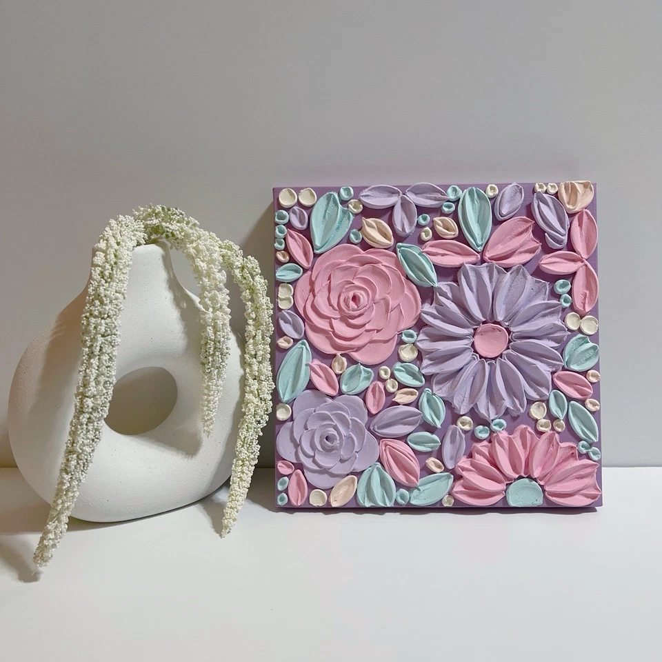 Decoración de arte de pared para habitación de niñas, pintura de flores con textura 3D, arte floral rosa y lila Foto 2 de 4