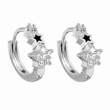 Silver Star Huggie Hoop Earrings 9mm Small CZ Unisex Hoop Earrings A99
