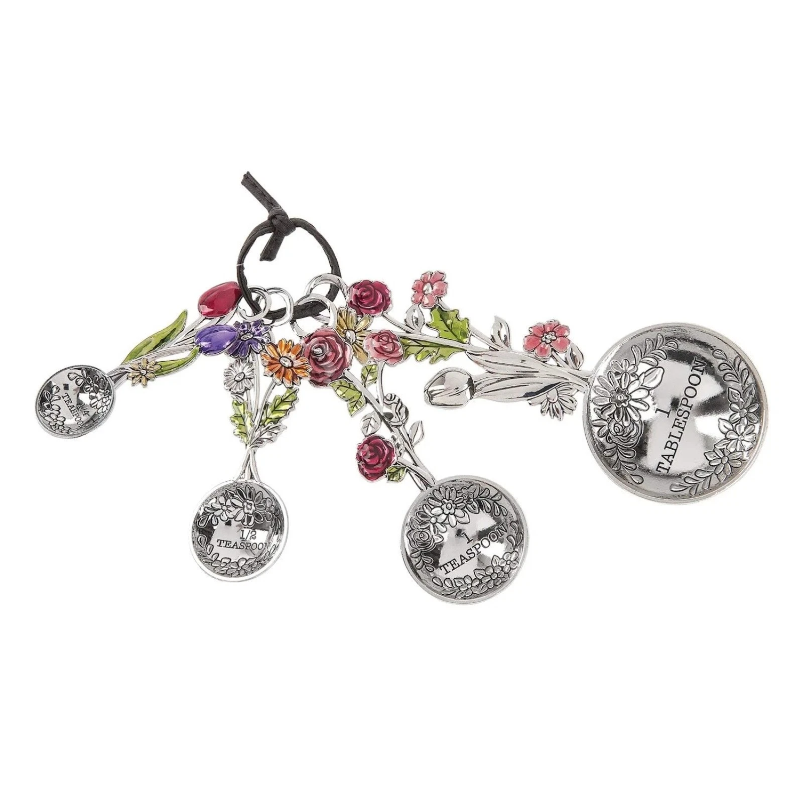 Ganz 4 Piece Measuring Spoons Set Silver with Colored Flower Bouquet
