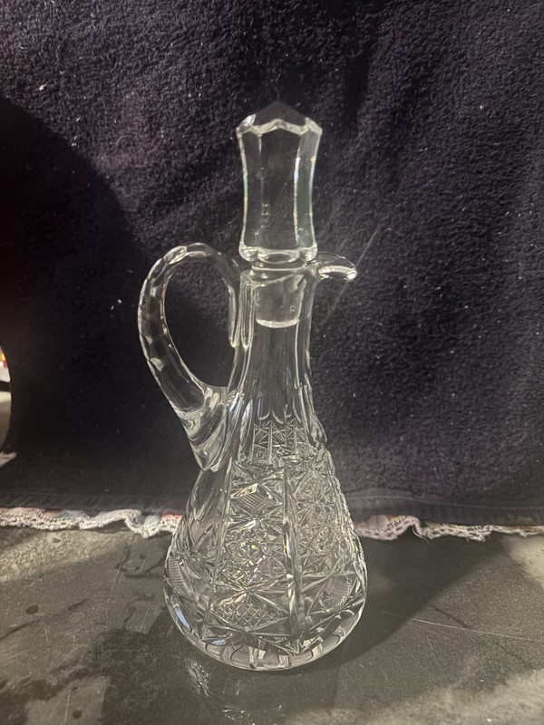 Vintage Cut Glass Crystal Vinegar/ Oil Bottle With Topper Heavy
