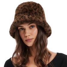 Plush Faux Fur Bucket Hat, Leopard Print Pattern, Soft Fuzzy One Size Brown