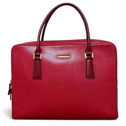 Burberry Red Leather Saffiano Briefcase Gold Hardware Double Handles Auth