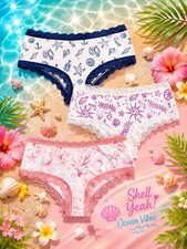 Women s Teen Bikini Briefs Panties Ocean Print Lace Trim Stretch 3pk 8 Large