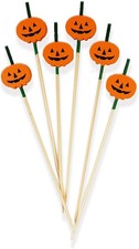 100 PCS Halloween Cocktail Picks,Bamboo Pumpkin Appetizer Toothpicks for