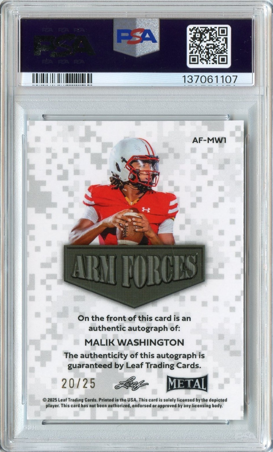 2025 Leaf Metal Malik Washington Silver Arm Forces Rookie Auto #'D 20/25 PSA 6 view 2