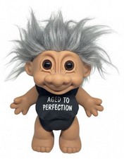 Vtg Russ Berrie Troll Doll Grey Hair "Aged to Perfection" Black Outfit 5"