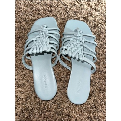  New  VINCE. Womens Blue Dae Square Toe Block Heel Slip On Leather Slide Sandals