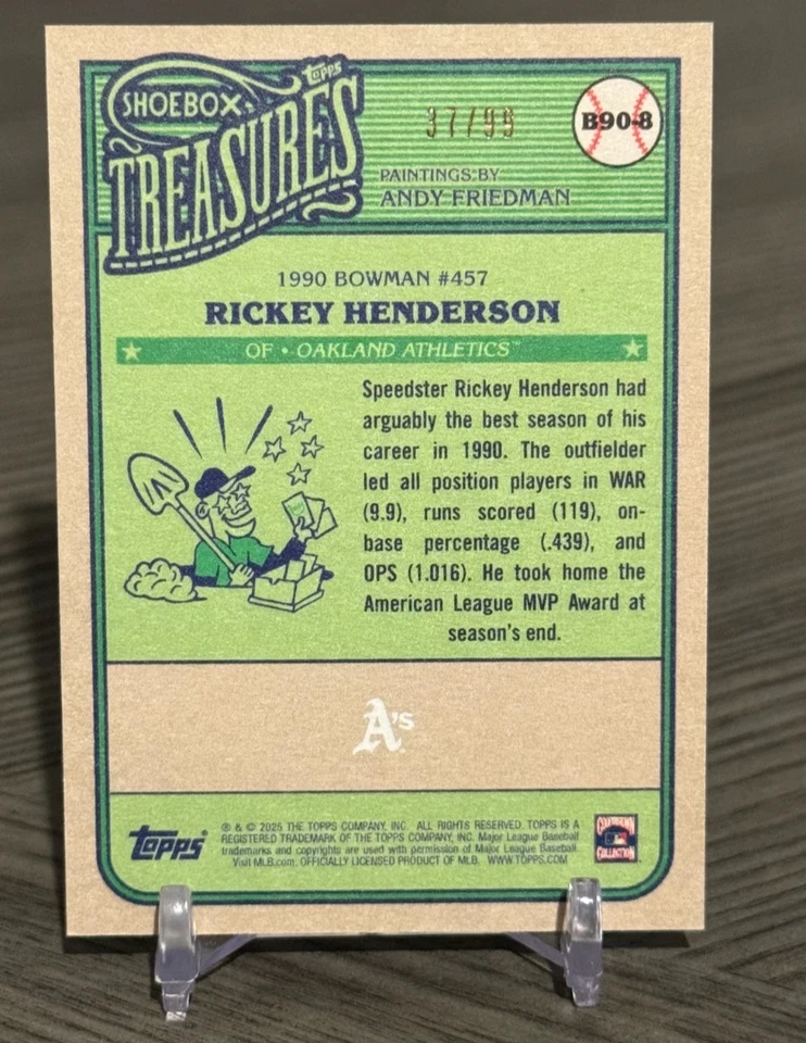 2025 Topps Shoebox Treasures Rickey Henderson #B90-8 Shoebox Stamp #'d/99 A's Foto 2 de 2