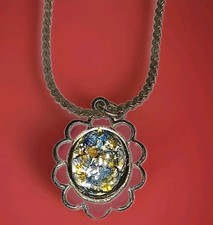 Vintage Oval Glass Cabochon Pendant 925 Sterling Silver 18" Chain - Floral Boho