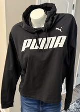 Puma Hoodie White Black Logo Cropped Pullover Womens Reflective Sz L Dri-Fit