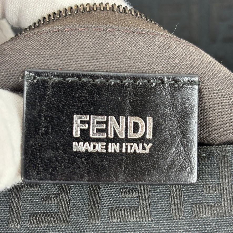 Auth FENDI Mamma Baguette Bag Black Navy Zucchino Canvas Leather