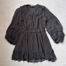 Kooples Dress Womens Small Black Mini Sheer Baloon Sleeve Smocked Neckline Lined