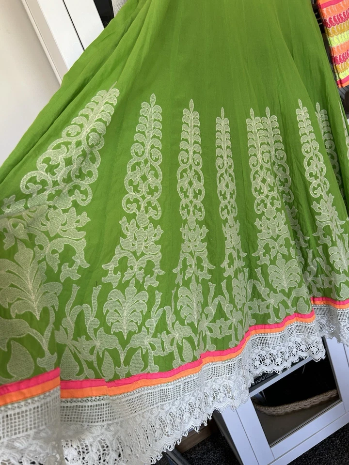 Ethnic Shagufta Pakistani Indian Party Dress Fancy Colorful Green Pink Cotton - Image 3 of 4