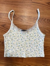 Brandy Melville Floral Ribbed Tank Top One Size Lace Trim Cropped