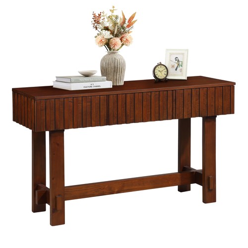 52 Inch Mid Century Farmhouse Fluted Solid Wood Sofa Table with Storage Drawers - Picture 2 of 16