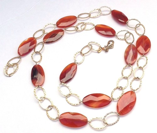 Vintage Gara Danielle faceted Agate Carnelian hammered oval loops link belt - Picture 2 of 6