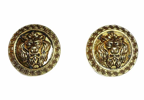 Antiguo botón de vástago de metal con cabeza de león de latón 7/8" borde de patrón de llave griega (2) - Imagen 1 de 6