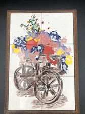 Hand painted six tile 3D Art, flower Cart wall hanging In Wood frame 14”x 10” -M