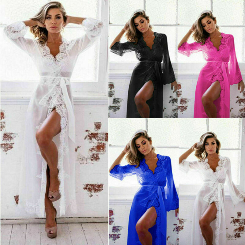 Mujeres Sexy Largo Kimono Bata Negligee Vestido Encaje Lencería Transparente Maxi Camisón EE. UU.