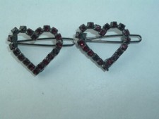 VINTAGE DARK RED PRONG SET RHINESTONE SMALL HEART BARRETTES