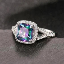 Fantastic Square Shine Mystic Topaz Cubic Zirconia Gems Silver Rings Size 6-10