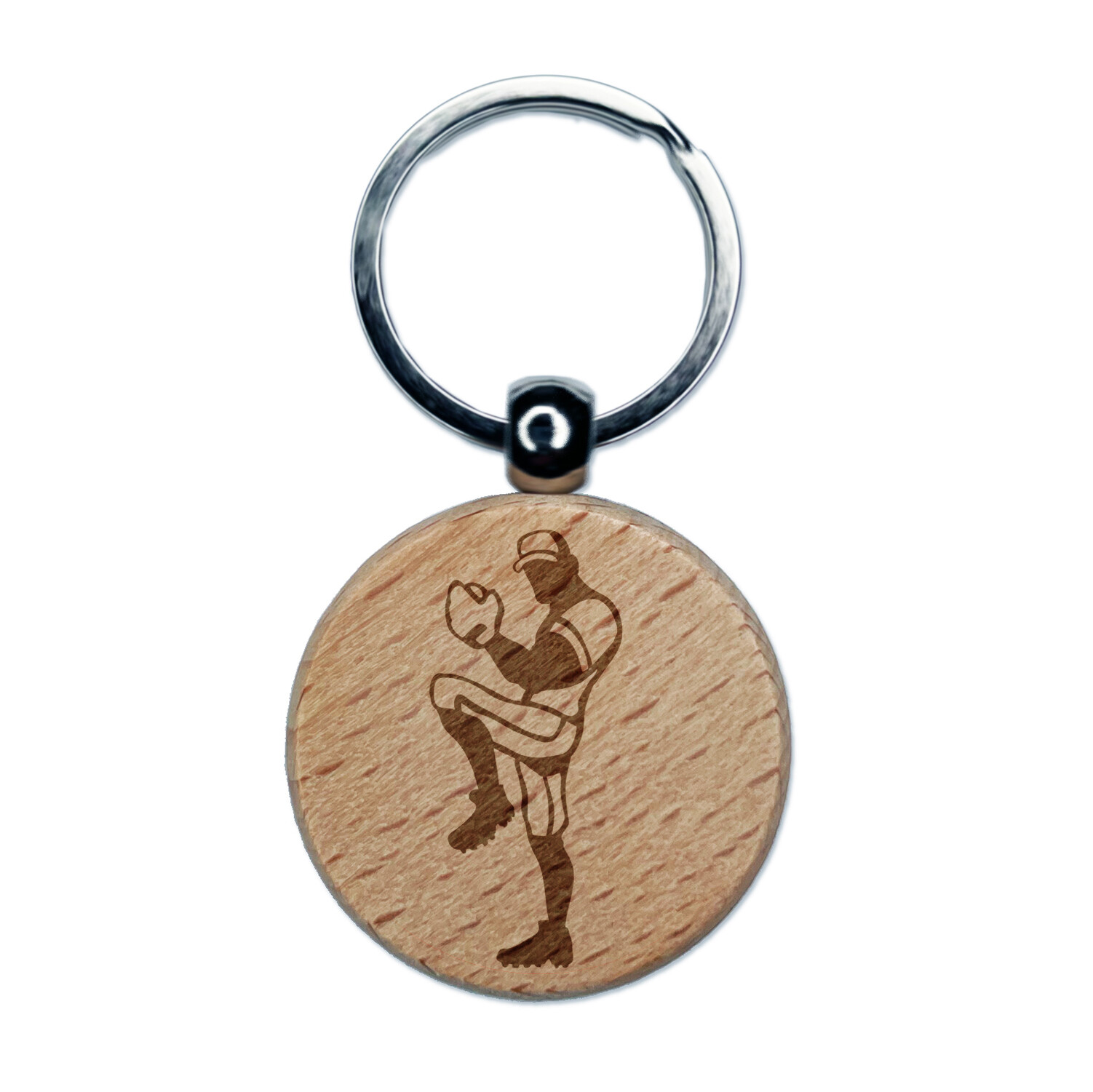 Baseball Softball Pitcher Winding Up Engraved Wood Round Keychain Tag Charm