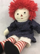 Vintage Raggedy Ann Doll White Apron Hand Painted Face Homemade Blue Dress