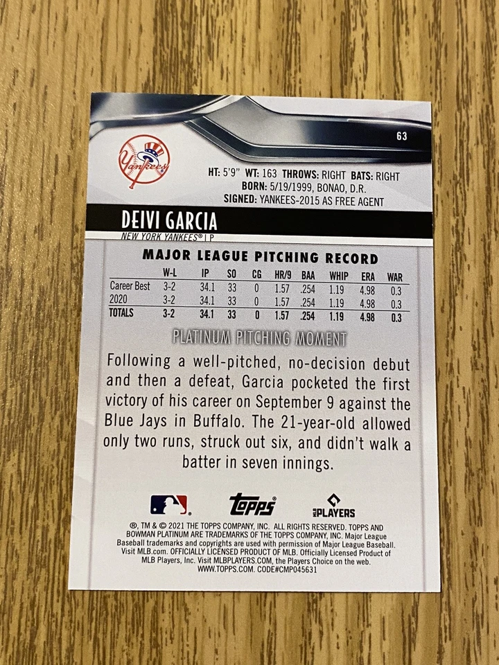 2021 Bowman Platinum Deivi Garcia Orange Rookie /25 RC New York Yankees - Image 2 of 2